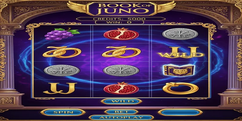 Book of Juno Spielautomat Interface mit 5 Walzen und mystischen Symbolen